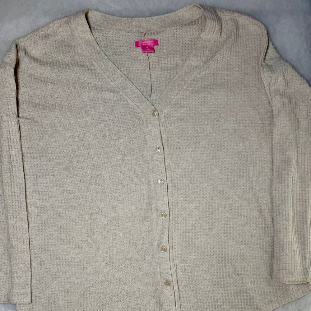 Isaac Mizrahi Waffle Knit Button-Front Tie Top Womens XL Oatmeal